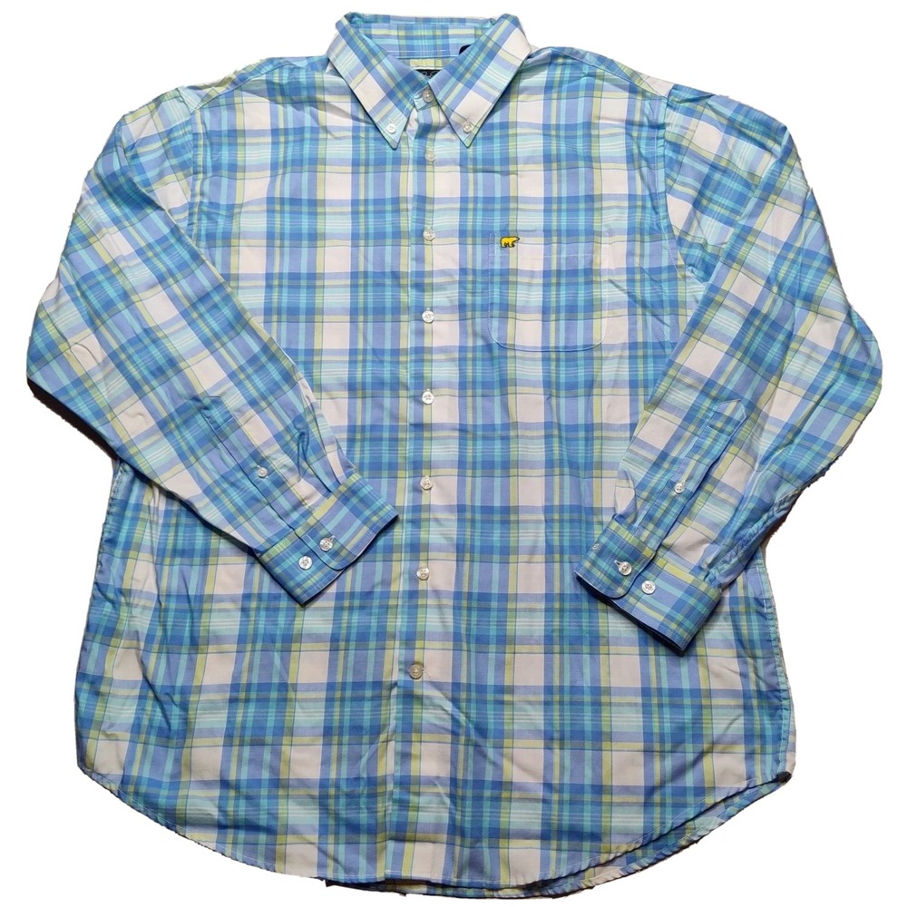 JACK NICKLAUS THE JAKE Men Large Blue Yellow Plaid Cotton‎ Button Shirt EUC